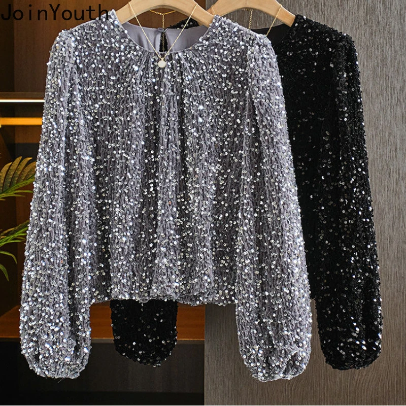 O-neck Long Sleeve Blouse for Women Fashion Heavy Sequined Y2k Tops 2023 Blusas Mujer De Moda Temperament Loose Korean Shirts