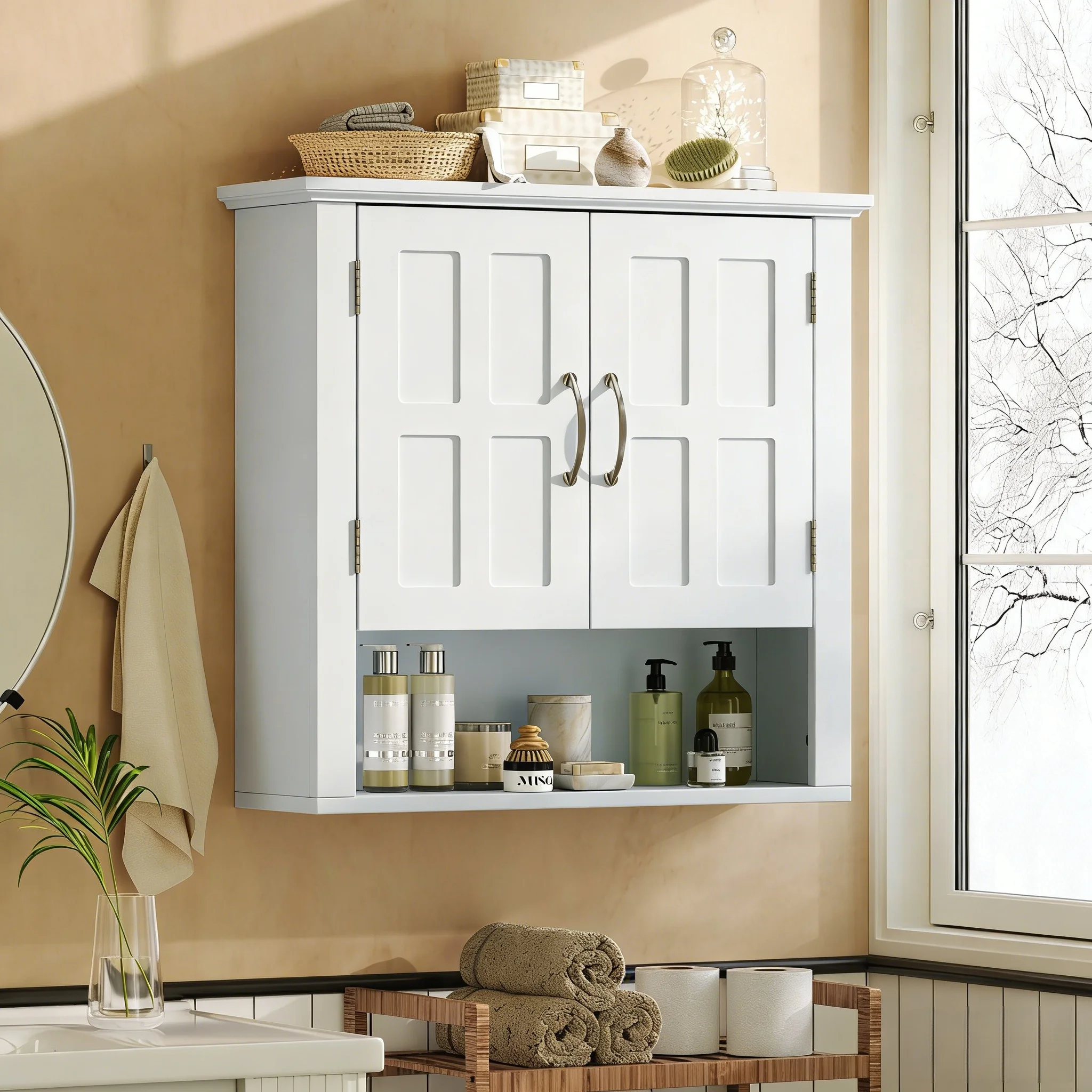 Bathroom Wall Storage Cabinet, Multi -functional Wall Mounted Cabinet with Adjustable Shelves, Medicine Cabinet for Laundry Room & Kitchen & Living Room, White