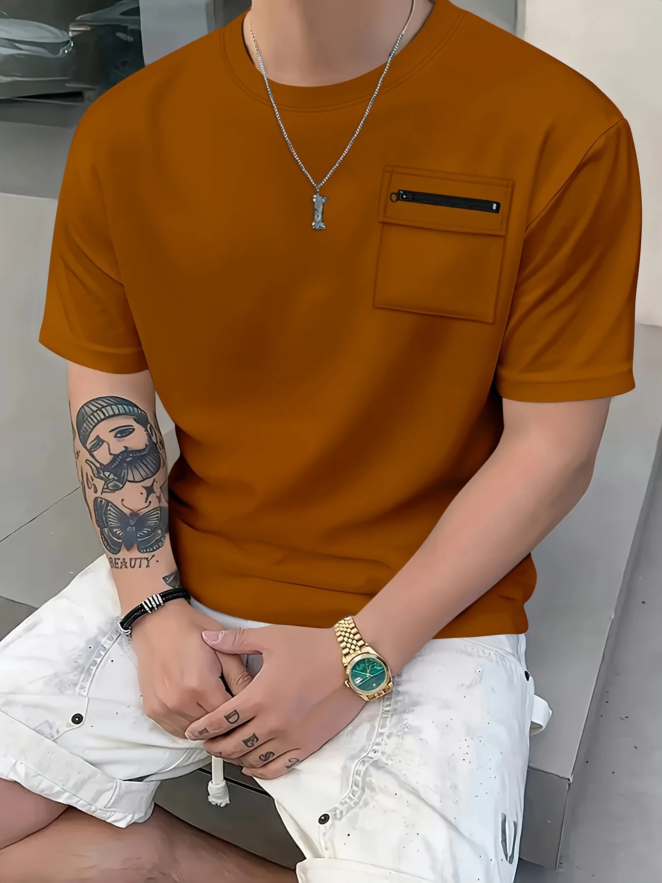 

2025 New Style Casual Fashion T-shirt for Men with Round Neck, Pockets, Short Sleeve, Solid Color, Casual Shirt
