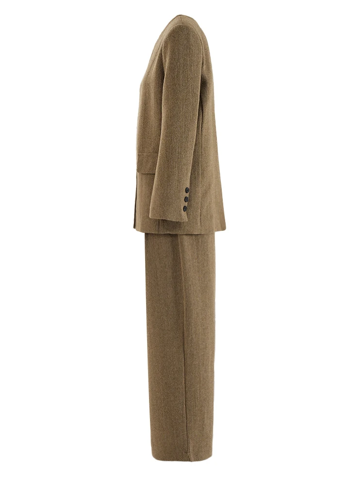 [EAM] Big Size Khaki Blazer Wide Leg Pants Two Piece Suit New O-Neck Long Sleeve Women Fashion Tide Spring Autumn 2024 16O1911