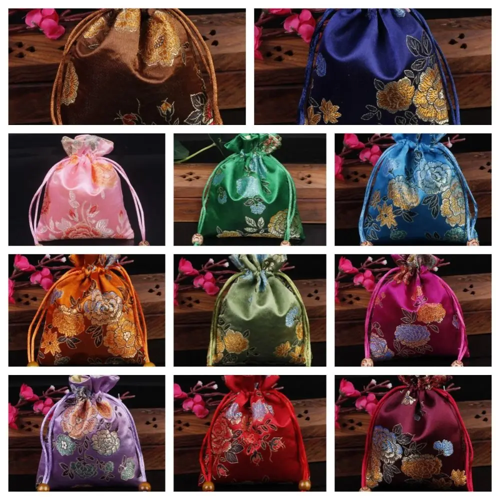 Bolsa con cordón de flores bordadas, bolsa de dulces de estilo chino, bolsa de embalaje de joyería, bolsa de muñeca Hanfu de estilo étnico