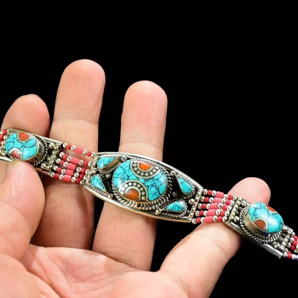 

Vintage Tibetan silver classic style paired with turquoise bracelets and ethnic accessories, exquisite holiday gift
