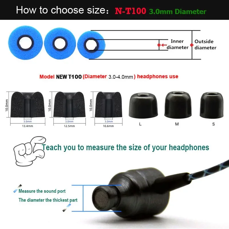 ANJIRUI 10Pair Memory Foam Tips T100 (L M S) 3.0mm Caliber Ear Pads Cotton For Shure Se112 SE210 Se215 Sponge Ear Cushion