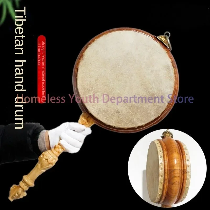 1Pc Leather Wooden Tibetan Tambourine Buddhist Hall Musical Instruments Drum with Handle Home Ornaments Crafts