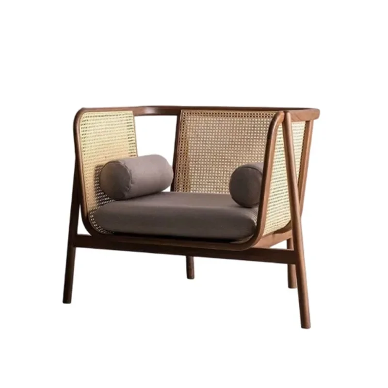 Log single sofa combination, living room small apartment leisure solid wood sofa rattan chair, sofa three-piece set