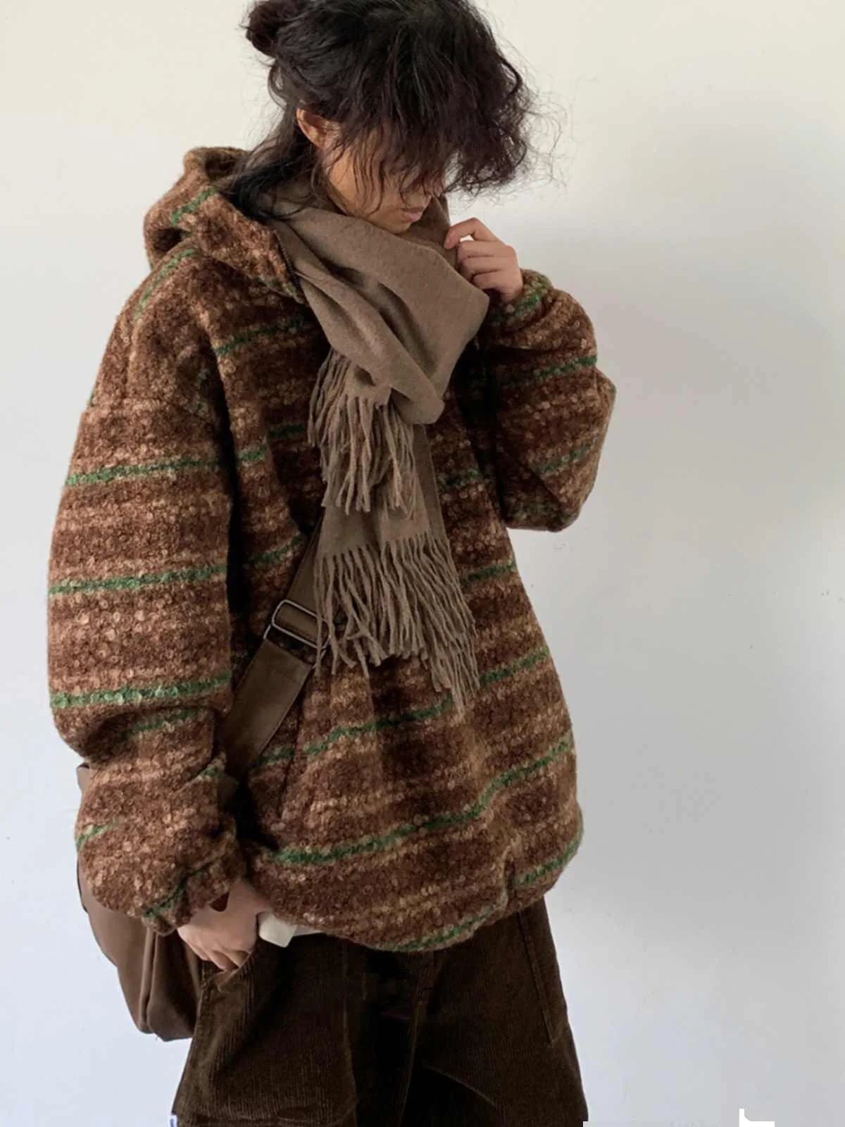 

Зимняя уличная толстовка Laid-ba из шерсти, оверсайз, в стиле ретро, из полиэфирного волокна, с длинными рукавами, эластичная, для молодежи...