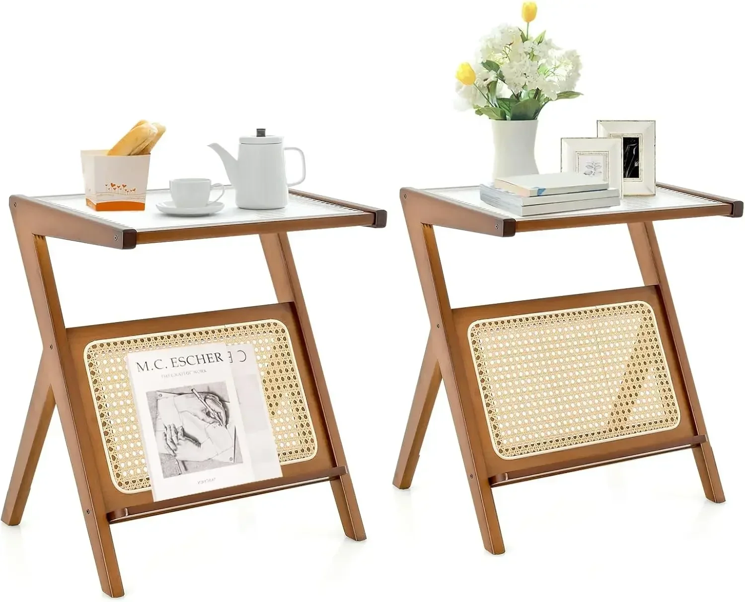 Rattan Side Table Set of 2, Z-Shaped End Table with Tempered Glass Top, Magazine Rack, Boho Night Stand, Small Coffee Table, Bam