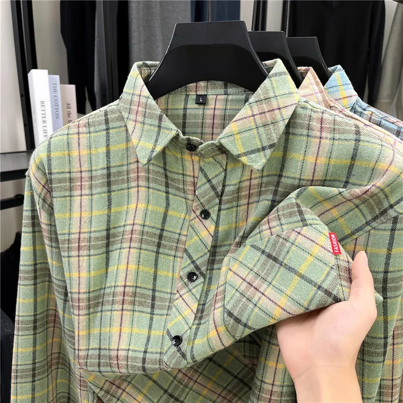Mens Long Sleeve Vintage Grid Plaid Flannel Shirts Brushed Soft Quick Dry Fabric Tops For Office Daily Leisure Outdoor Wear