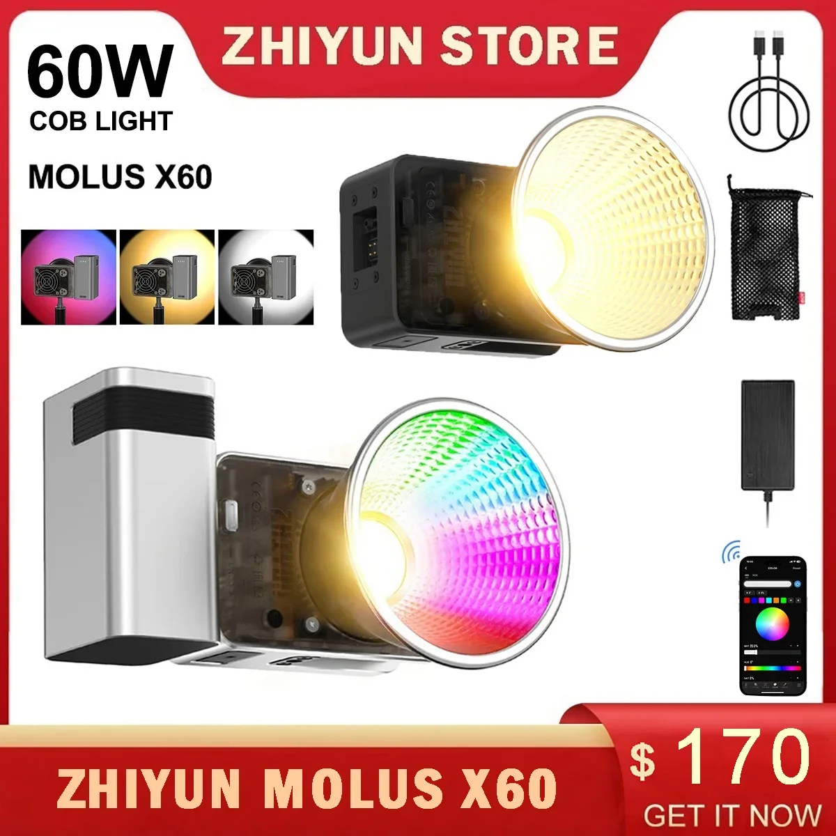 ZHIYUN MOLUS X60 Video LED Light X60RGB RGB 60W COB Pocket Lights Portable Outdoor Fill Lamp Photography Lighting tiktok lamps