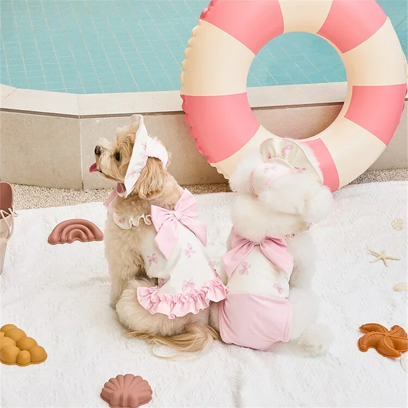 

1/Set Pet Dog Summer Printed Swimsuit Strap Pink Bow Cat Two Leg Fashion Swimsuit Pet Jumpsuit Teddy Dog Clothes Puppy Clothes