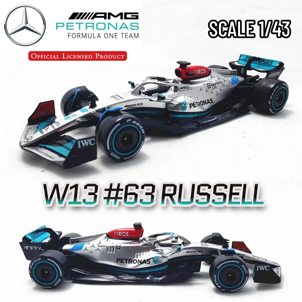 

Bburago Mercedes W13 E Performance # Модель автомобиля 63 Рассел F1, масштаб 1:43, миниатюрная коллекционная фигурка AMG Racing, масштаб 1:43, игрушка