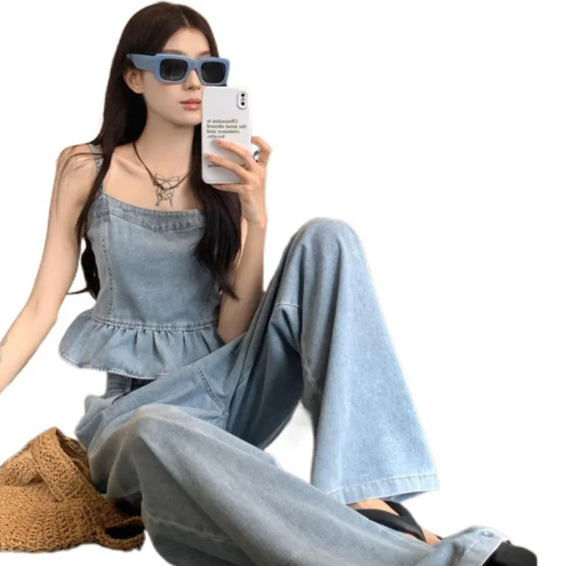 Top e calça feminina com suspensão de orelha, jeans vintage sem mangas de cintura alta, calças de perna larga para viagem, conjunto de 2 peças, verão, 2024