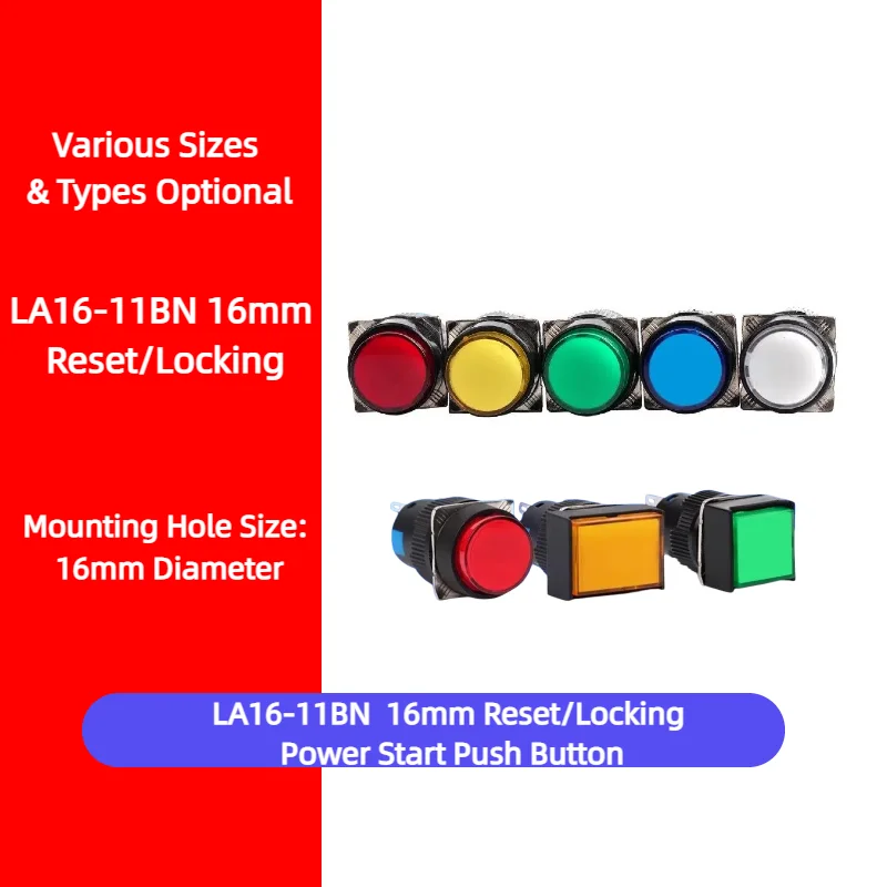 LA16Y-11BN 16mm Push Button Switch Self-Reset /Lock Round Momentary/Latching 1NO1NC Silver Contact Power Starter Control Switch
