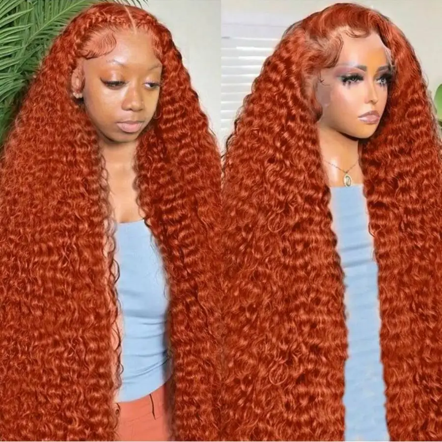 

Deep Wave 13x6 HD Lace Front Wig Ginger Human Hair Wig 40 30 Inch 350 Orange Ginger Colored Curly Wigs Preplucked Water Wave