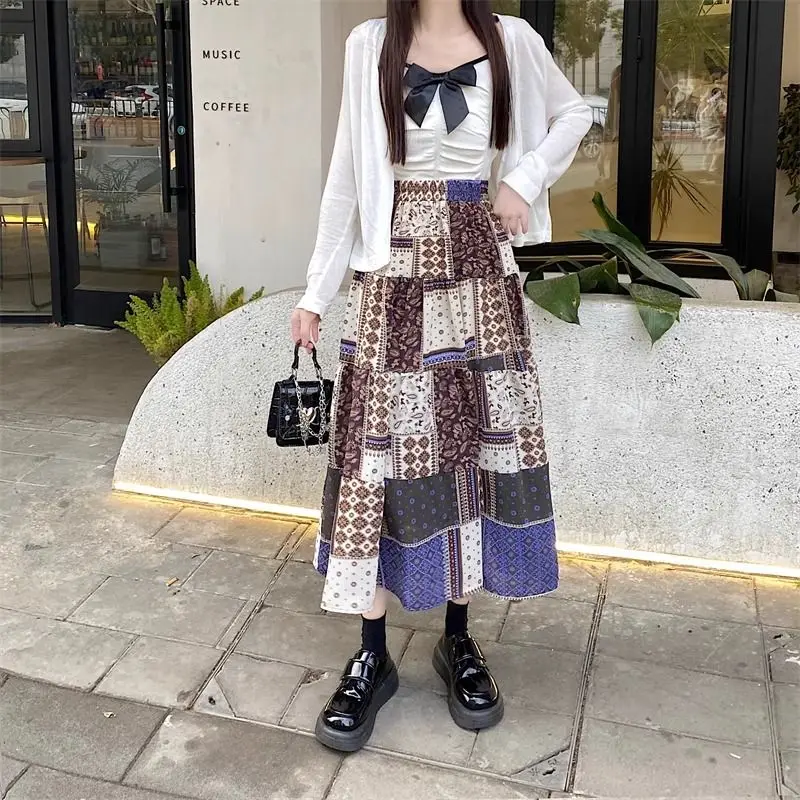 Bohemian Floral Print Half Skirt Women's A-Line Midi Skirt High Waist Color Block Ethnic Style Spring Summer New Arrival