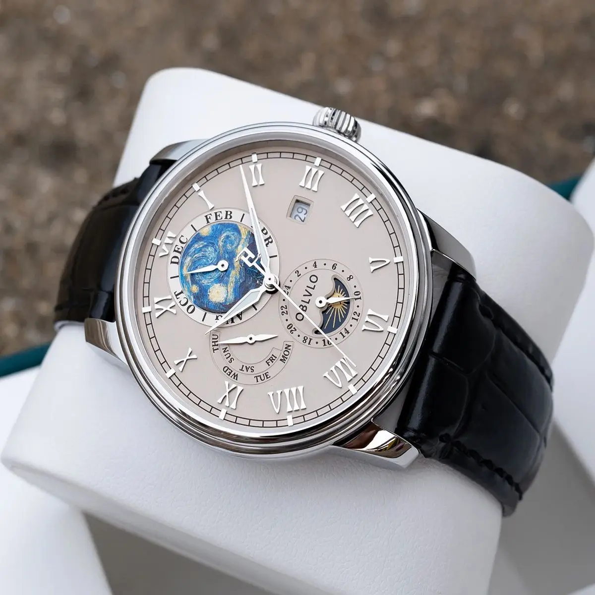 OBLVLO ساعة أوتوماتيكية للرجال 42 ملم ساعة يد ميكانيكية عتيقة 5ATM مضيئة متعددة الطلب شهر، أسبوع، تاريخ، 24 ساعة TY1653