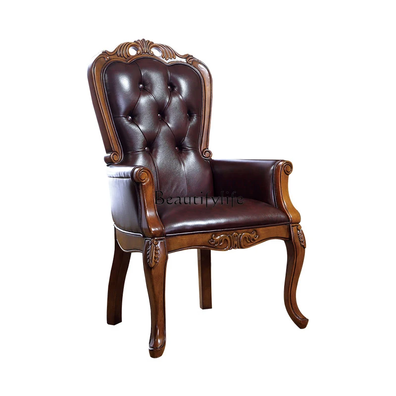 

American solid wood leather leisure chair study living room sofa European home computer tiger chair