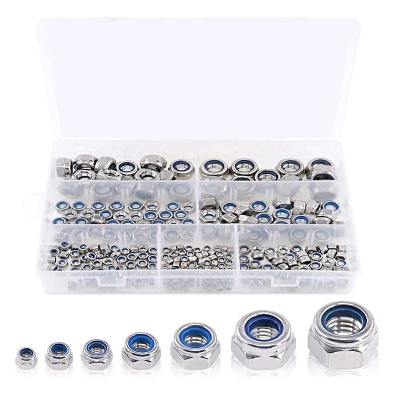 

250Pcs Nylon Lock Nut 3/4/5/6/8/10/12mm Nylon Insert Nut Stainless Steel Hexagon Self locking Nut Assortment Kits