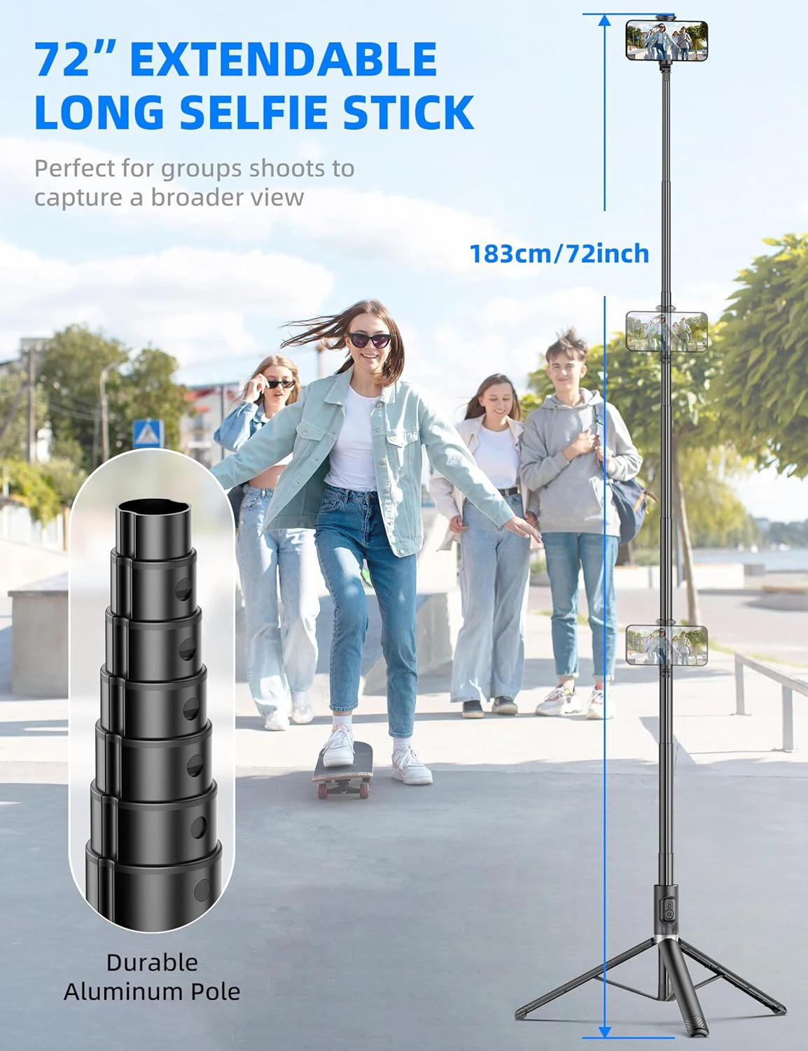 Alumínio Alloy Selfie Vara Tripé, Sem Fio, Bluetooth, Remoto, Polícia portátil Extensível Caso para iOS, Celular Android, 72" suporte celular tripé para celular estabilizador de celular mini celular suporte de celular