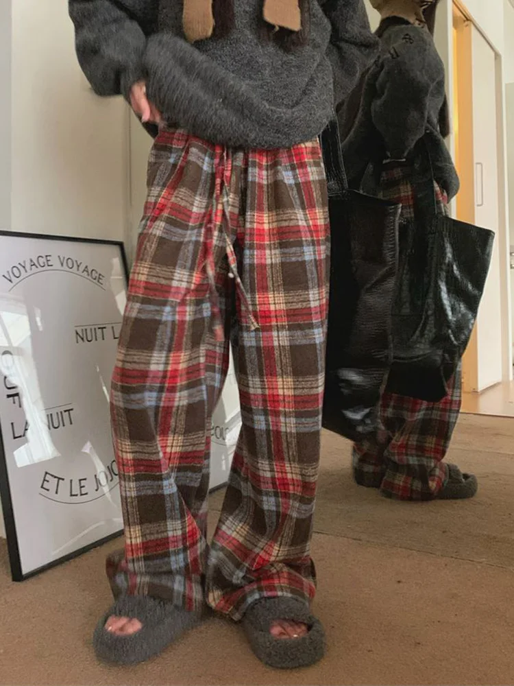チェック柄暖かいフェイクウールパンツ女性ストリートレトロハイウエストストレートパンツカジュアル原宿レディース秋冬ルーズパンツ新作