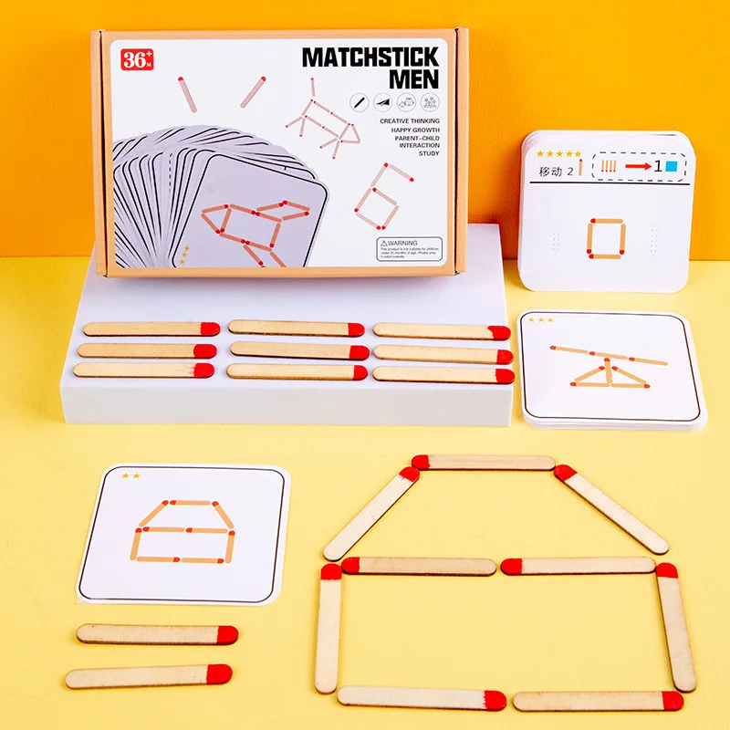 Matchstick Puzzle Game Wooden Toy, DIY Math Geometry Board Game Creative Thinking Match Logic Training Educational Toys For Kids