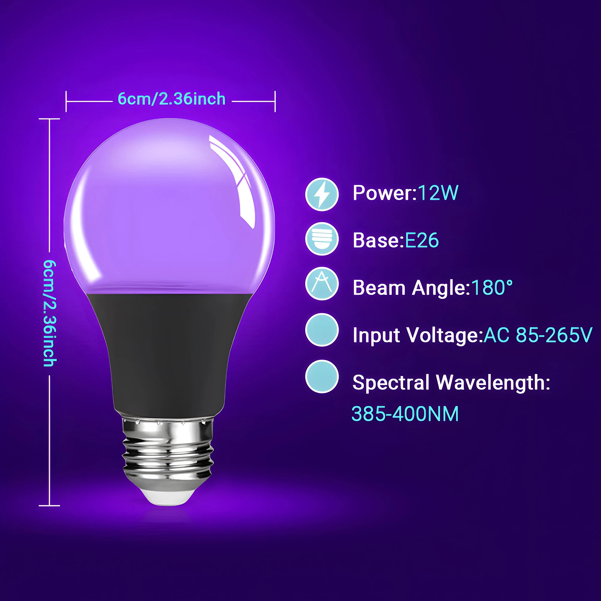 Kasotile 12W E27 UV Purple Black Light Bulb for Party Supplies Glow in the Dark Party Lamp Blacklight Bar Fluorescent Decoration