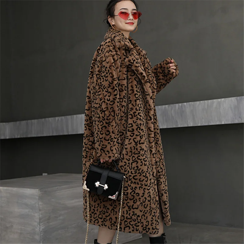 Cappotto di pelliccia peso 1.7kg-1.9kg inverno spesso leopardo lungo Teddy cappotti di pelliccia capispalla donna collo allentato giacca di pelliccia di coniglio femminile