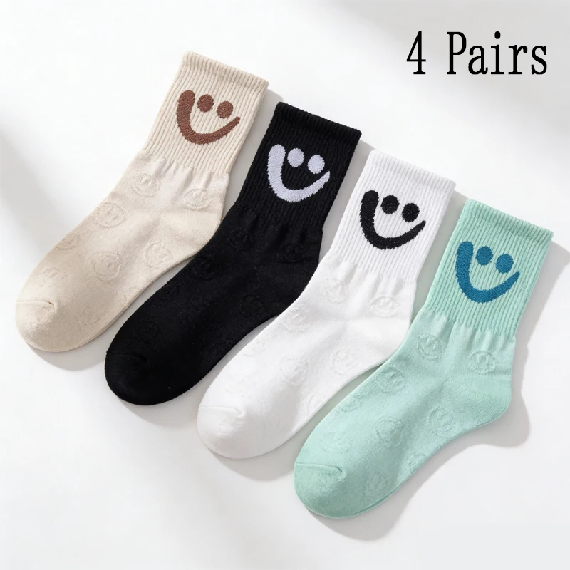 4 Pairs of Mid Long Socks for Spring Summer Sweet Simple Three-Dimensional Relief Graffiti Smiling Face Small Fresh Sports Style