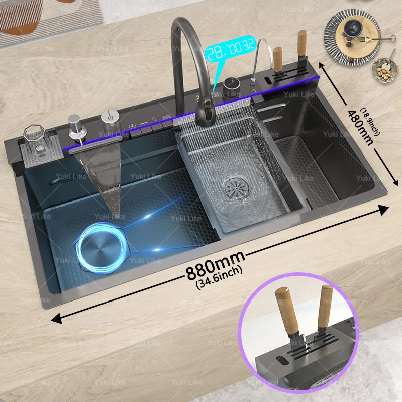 Stainless Steel Waterfall Kitchen Sink Extra Large Single Slot Digital Display Faucet Set Cup Washer Wash Basin 100*50cm