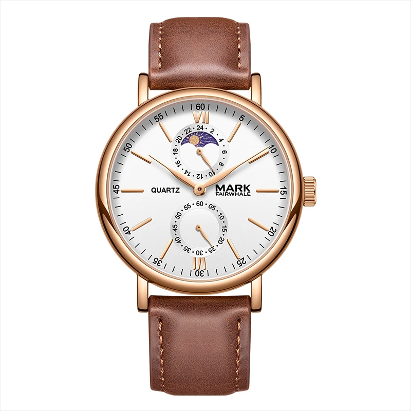 

Mark Fairwhale High grade Leather Watch Moon Phase Feature business Classic Retro Quartz Watch