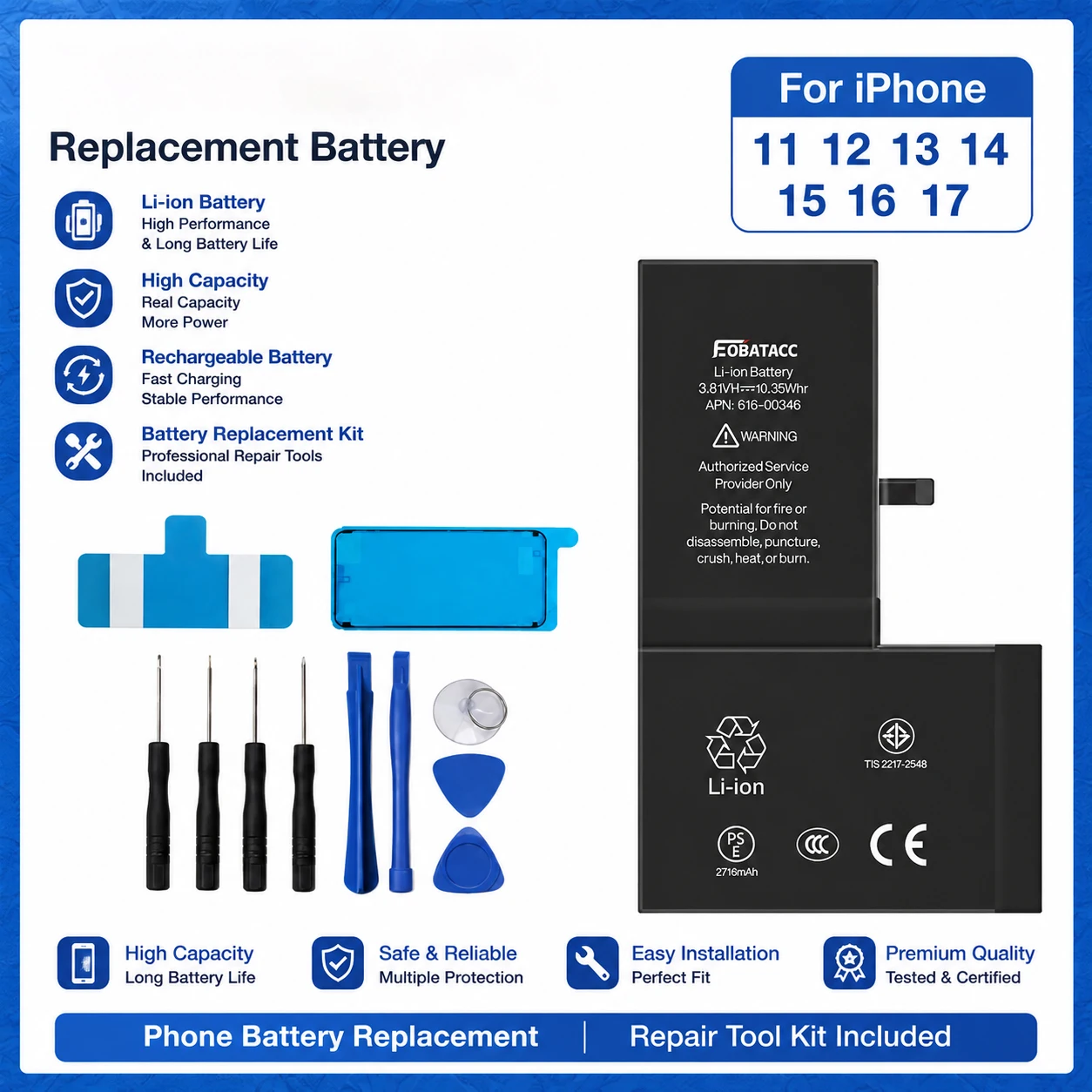 High Capacity Battery for iPhone X XS 11 11 Pro 12 12 Pro 13 13 Pro 14 14 Pro Max Mini Battery Replacement with Repair Tool Kit