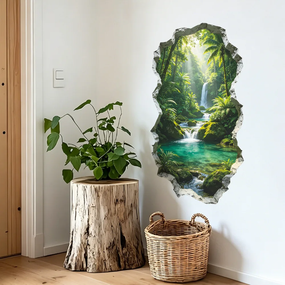 3D Broken Wall Tropical Rainforest Waterfall Wall Sticker Natural Scenery Wall Decal Removable Vinyl Wall Art for Home Decor