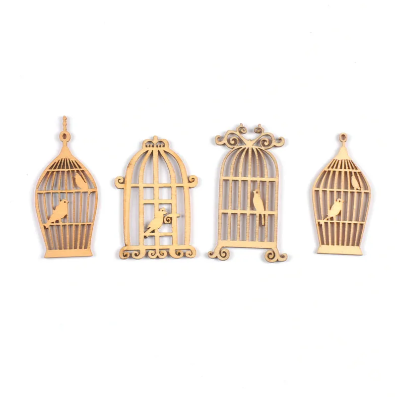 25pcs Pet Bird Cage Shape Wooden DIY Crafts Scrapbooking Accessories Unfinished Wood Slices Home Decoration Mix 35x52mm m1743