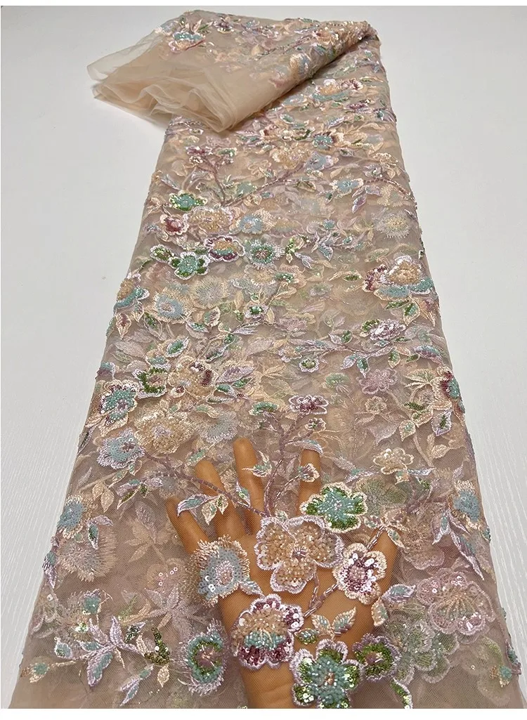 

2yard Bead tube flower shaped nail bead sequin embroidery tissu new gauze fabric wedding Dress cheongsam fabric for clothing