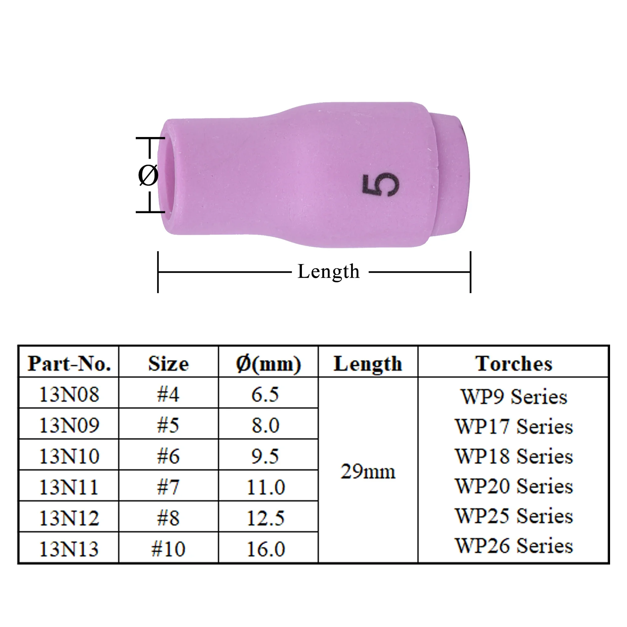 10Pcs Per Box 29mm 13N08 13N09 13N10 13N11 13N12 13N13 Alumina Nozzles For TIG WP9 20 WP17 18 26 Welding Torch Accessories