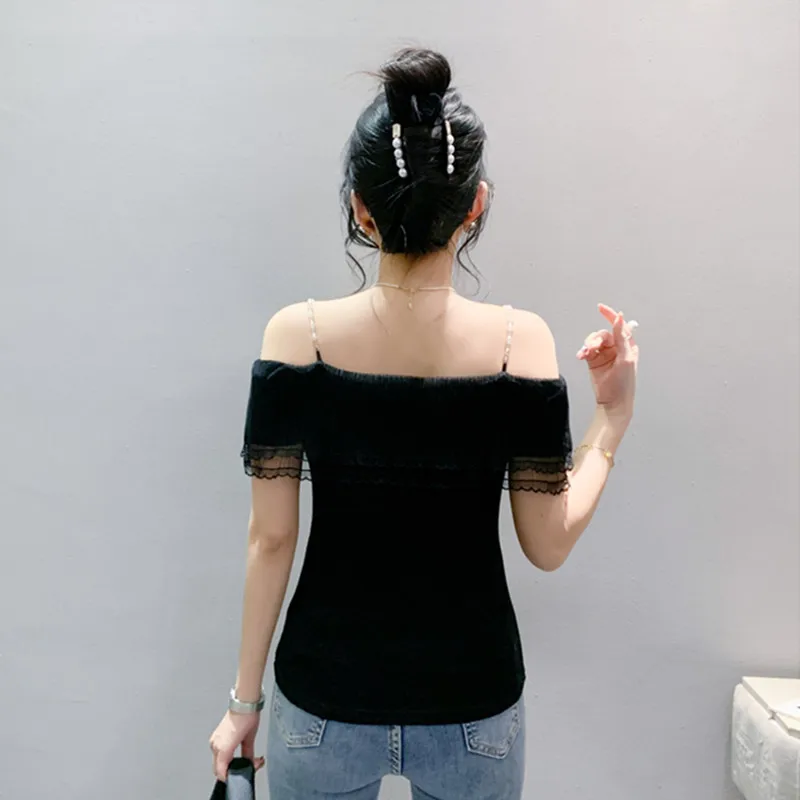 Fashion Summer Sweet Girl Sexy Off-Shoulder T-shirt Elegant Slash Neck Ruffle Slim Tops Women Chic Pearl Chain Suspenders Tees