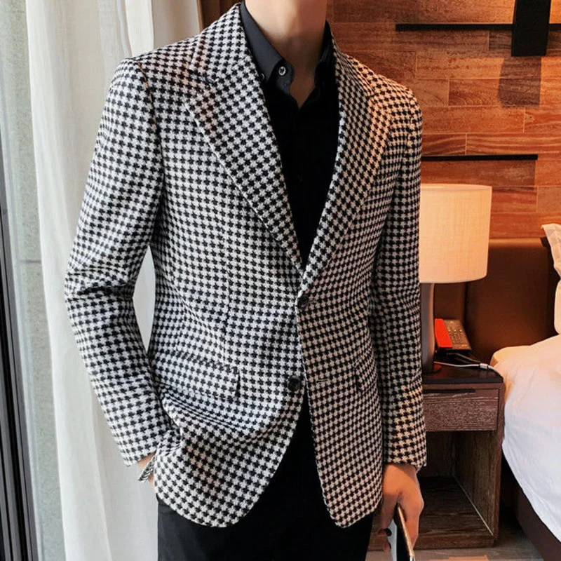 Terno 2023 Version Trendy Masculino Blazer Men Blaser Homme Blazer Plaid Suit Jacket Korean Thousand Bird Lattice Suit Men