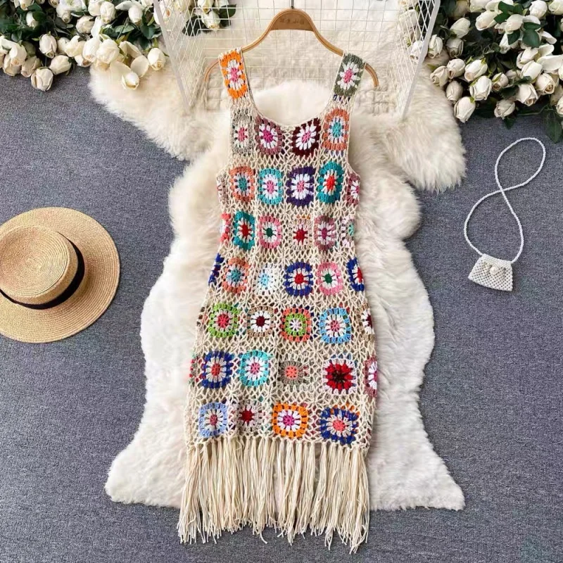 French Chic Stunning Crocheted Hollow Tassel Vest Dress Summer Women\'s Clothing Small Loose Knitted Skirt