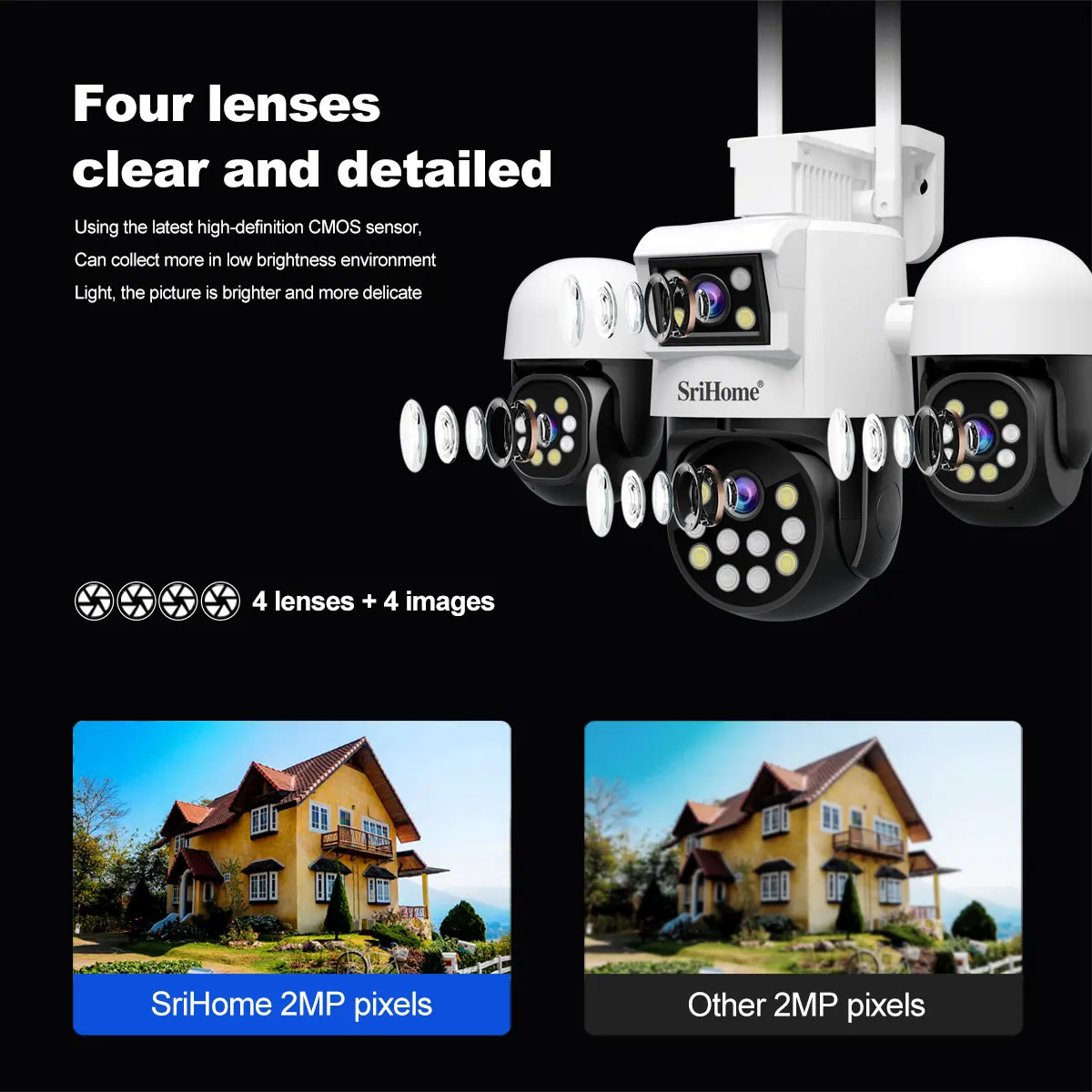 

Srihome SH069 Уличная Wi-Fi камера с четырьмя объективами, 3-кратным зумом, 8-мегапиксельная камера с четырьмя объективами, камера видеонаблюдения с автоматическим отслеживанием HD, беспроводная IP-камера наблюдения
