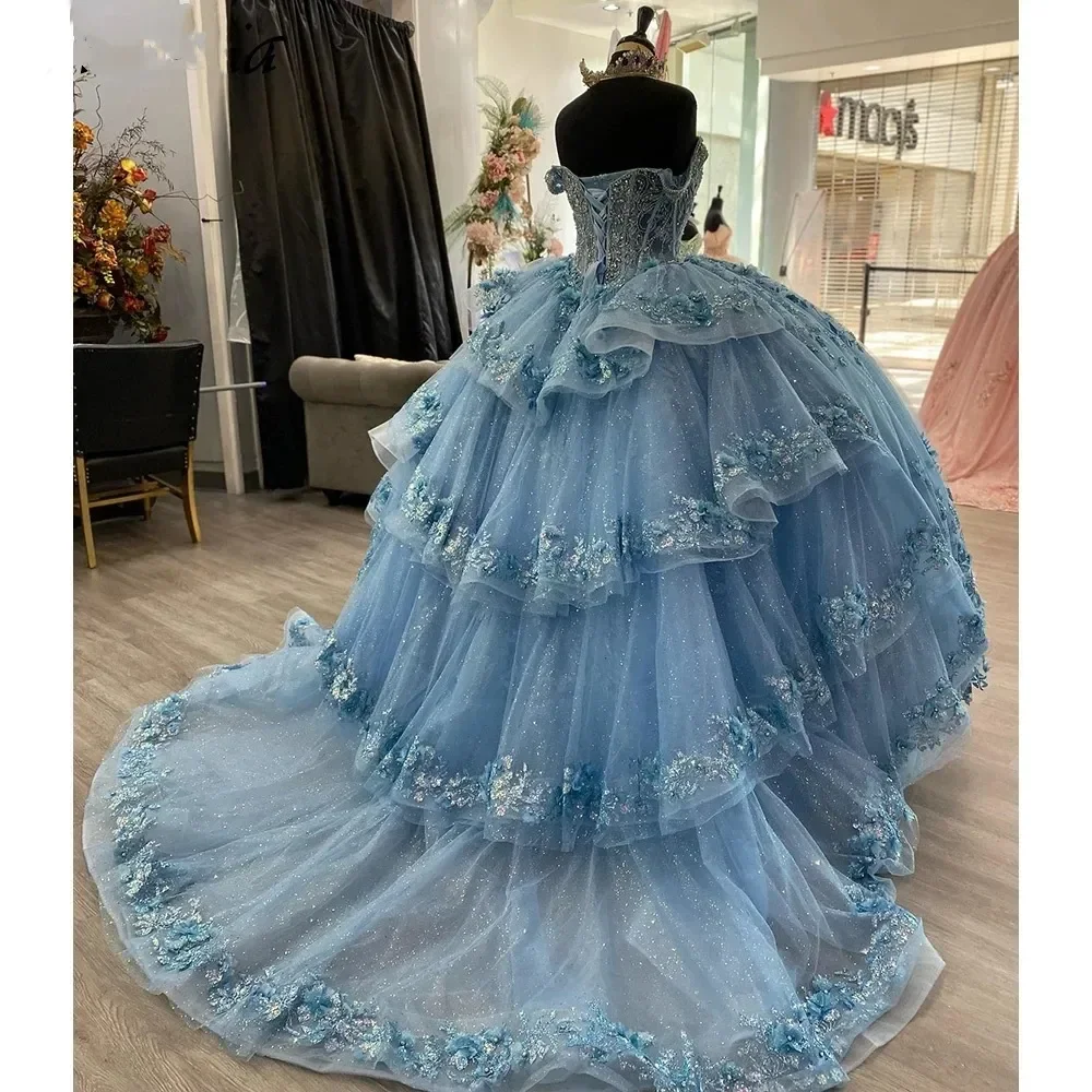 Engels bridep hellblaue Rüschen Ballkleid von der Schulter Quince anera Kleider Pailletten Spitze Perlen Kristall Vestidos de 15 Anos