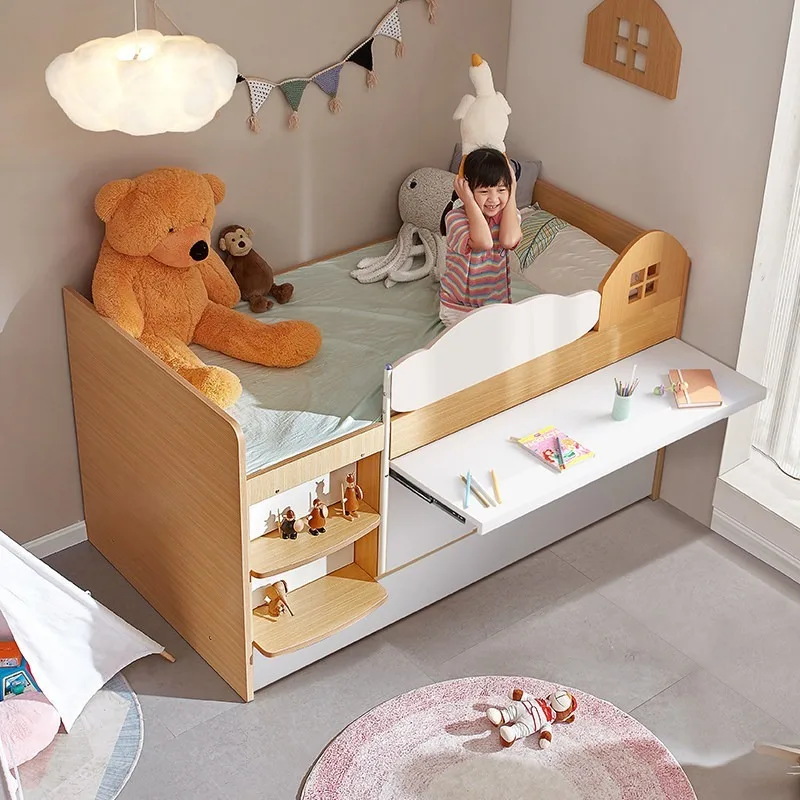 Light luxury multi-function bed, log style Nordic half-height bed plus desk bed, small apartment combination
