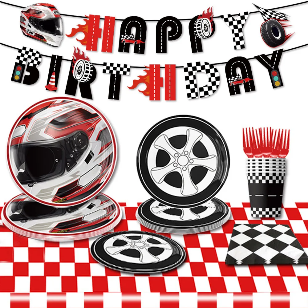 

Racing Car Party Supplies Race Car Wheel Theme Birthday Party Plate Cups Napkins Boy Motorcycle Party Decor Checkered Tablecloth