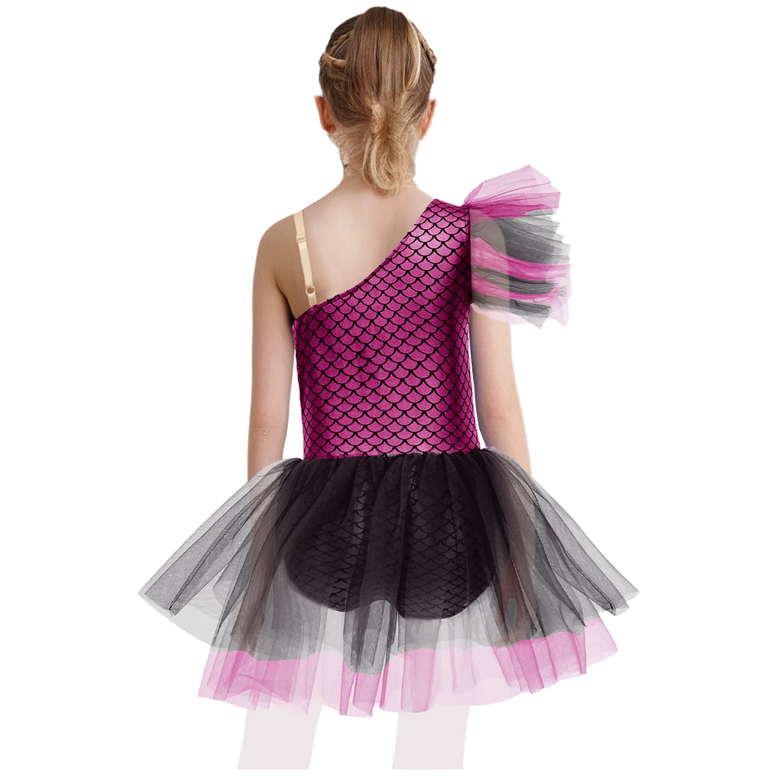 Kids Girls Halloween Carnival Mermaid Cosplay Costume Ballet Dance Skating Gymnastics Leotard Tutu Fish Scales Print Mesh Dress