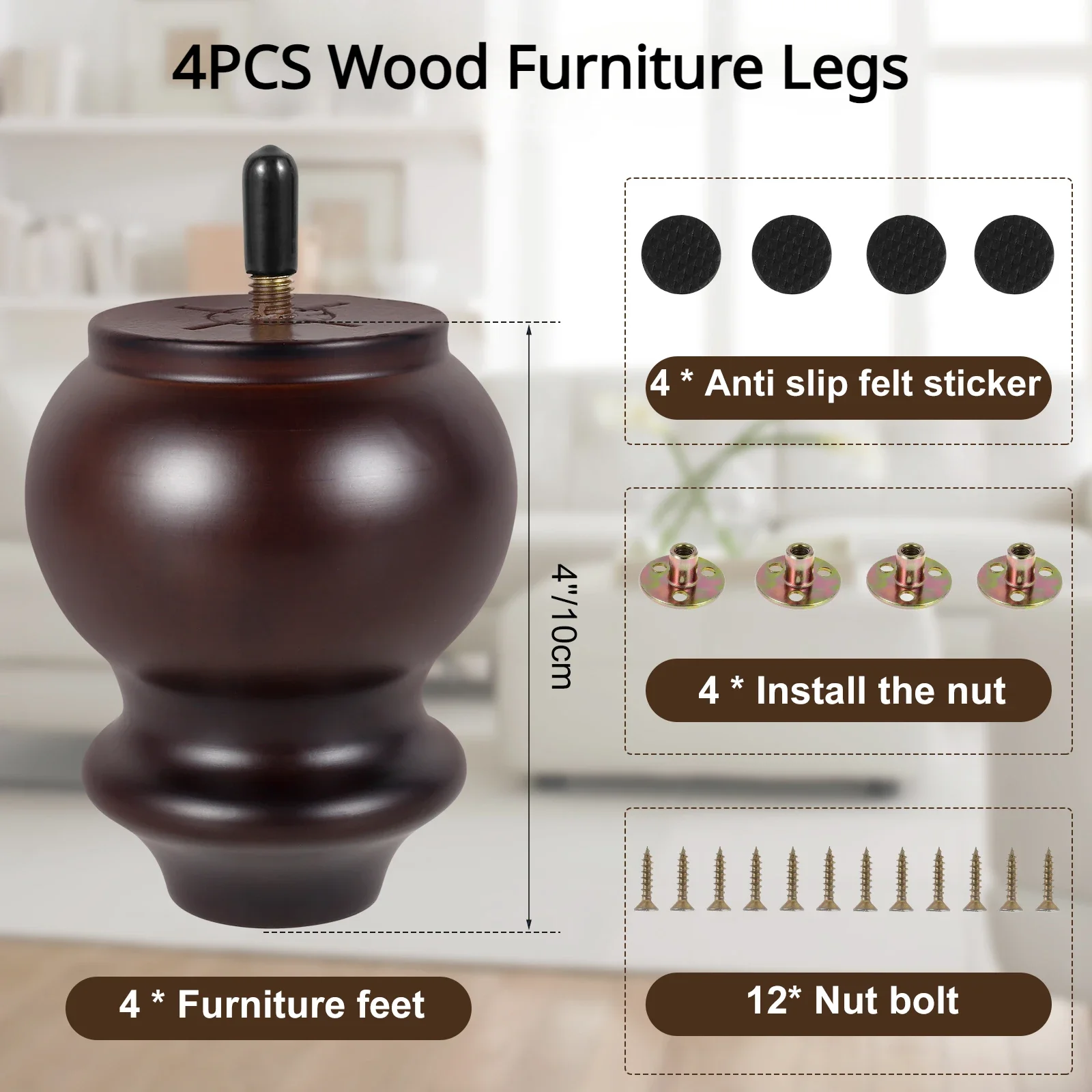 

4Pcs Wood Gourd Shape Furniture Legs Retro Sofa Feet with Non-slip Felt Sticker for Table Cabinet Cupboard Couch Chair Table