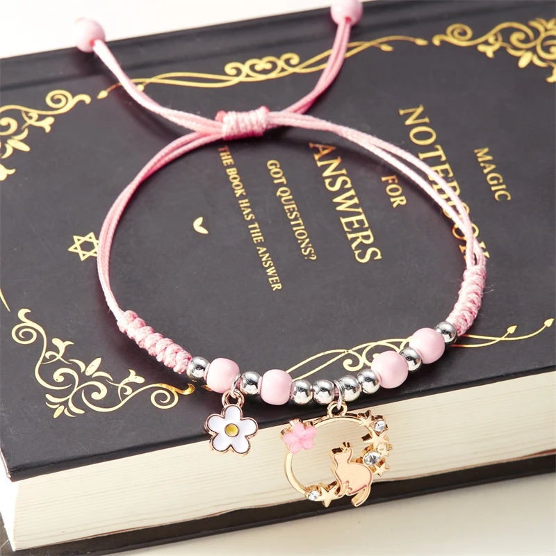 2024 New Cute Cartoon Animal Cat Daisy Flower Bracelets For Women Korean Charm Kitten Braided Bracelet Friendship Jewelry Gifts
