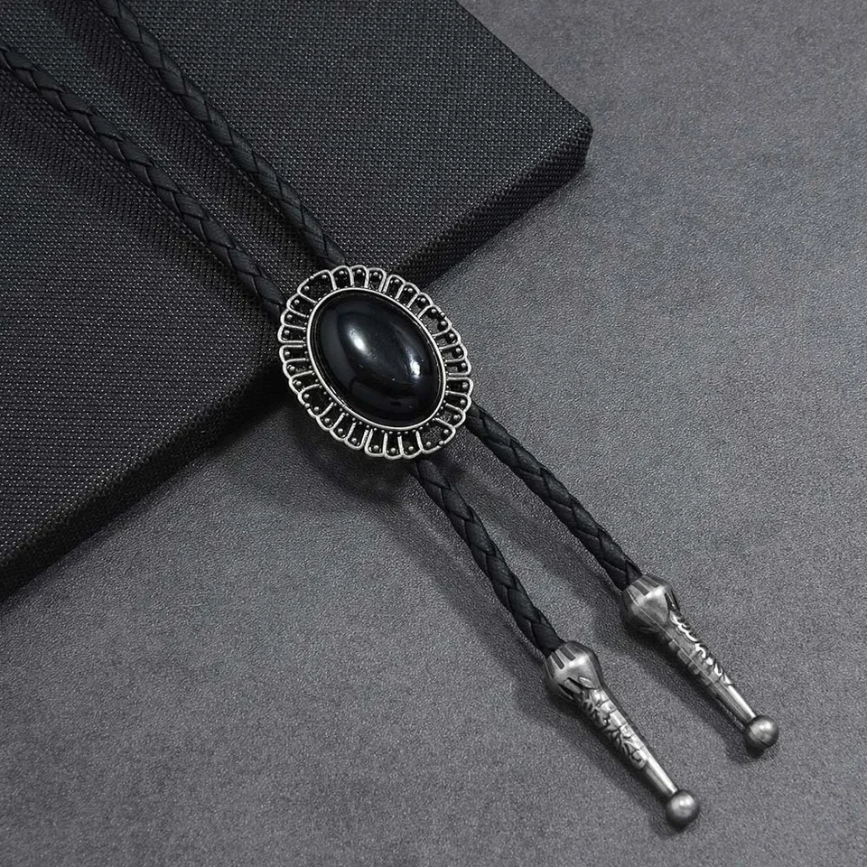 Vintage Oval Bolo Tie Hollow Leather Braided Cord Western Cowboy Necktie for Men Women Costume Jewelry Accessory