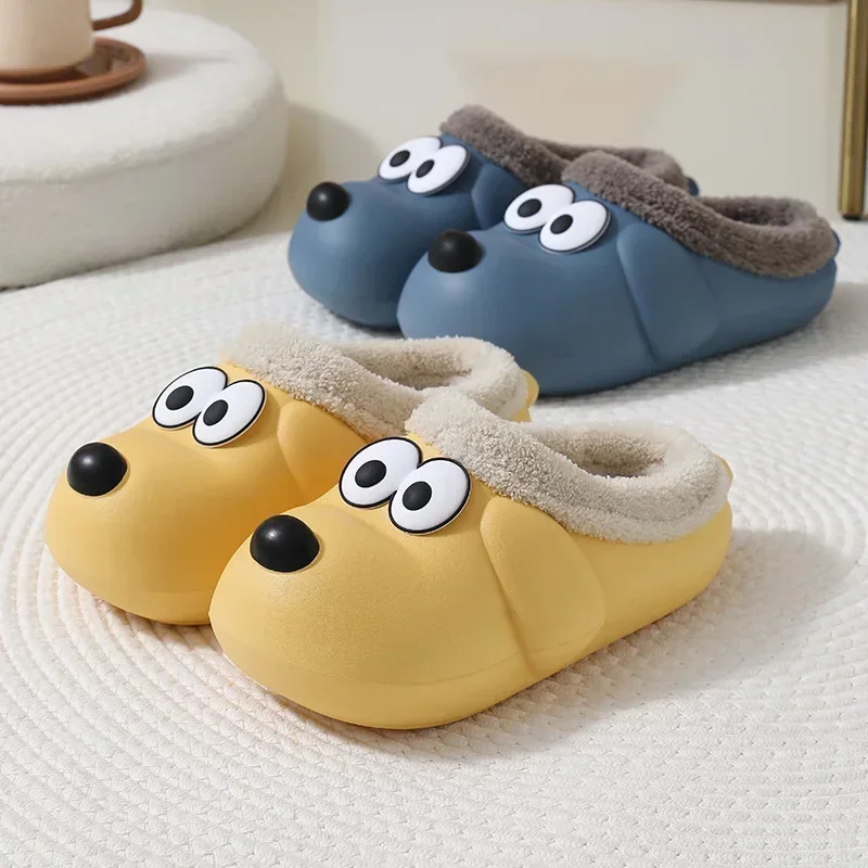 Winter Warm Home Slippers Women Cartoon Dog Waterproof Slippers Men Indoor Cotton Shoes Non-Slips Soft EVA Slippers Couples Shoe