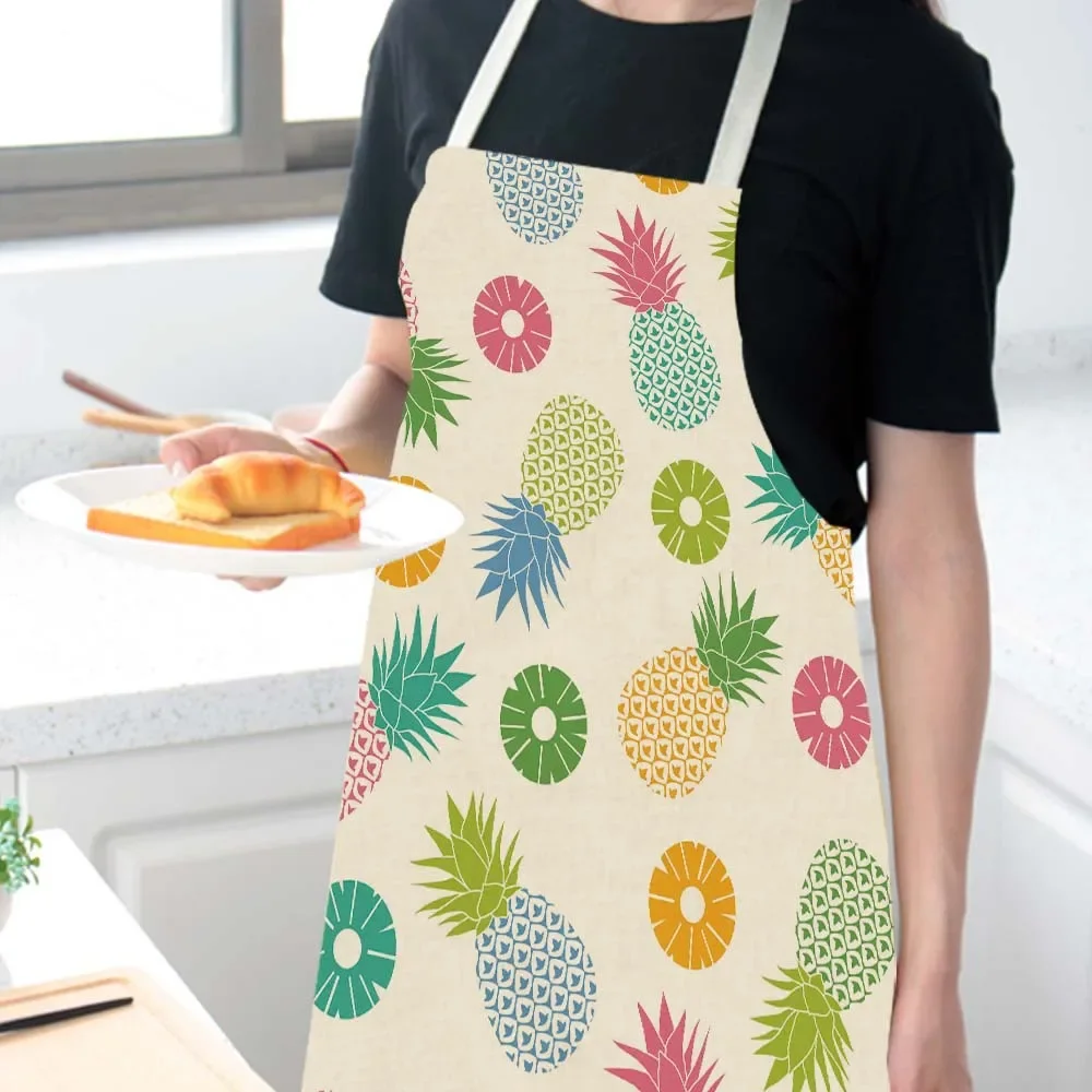 Delantales de limpieza sin mangas para adultos, delantal de algodón y lino con estampado de piña para Cocinar en casa, ropa de cocina, baberos, 1 piezas