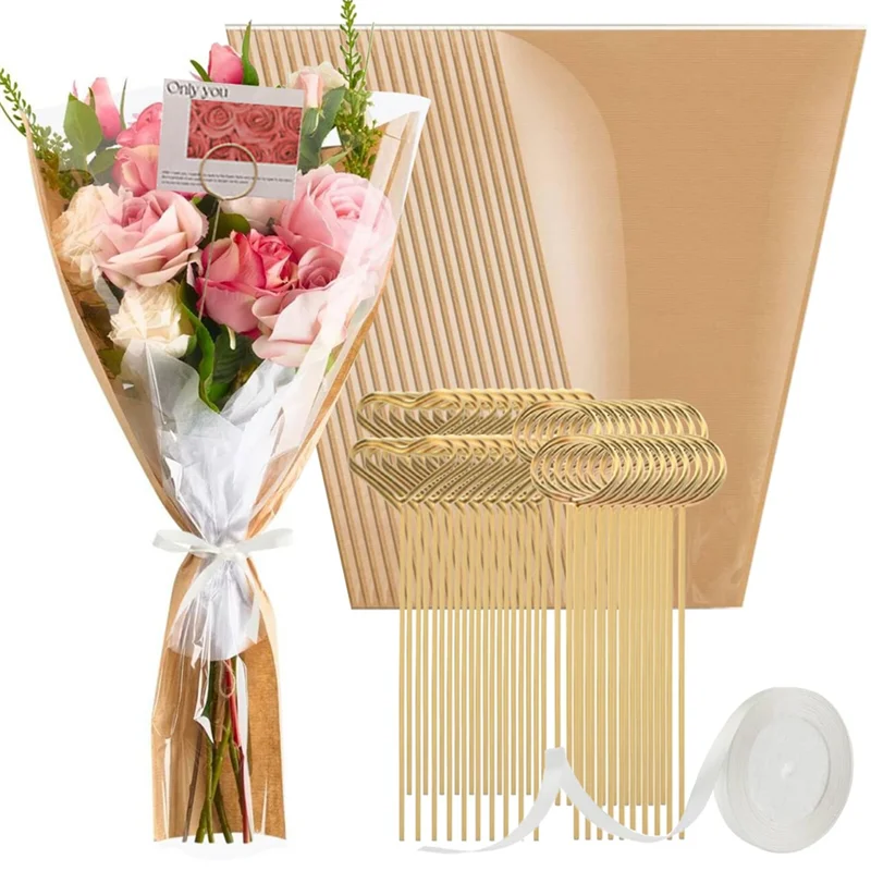 

A76X-Букет с цветочным мешком, упаковочная бумага, 40 шт.-Крафт-бумага с держателями для карт и лентами на день рождения, День матери