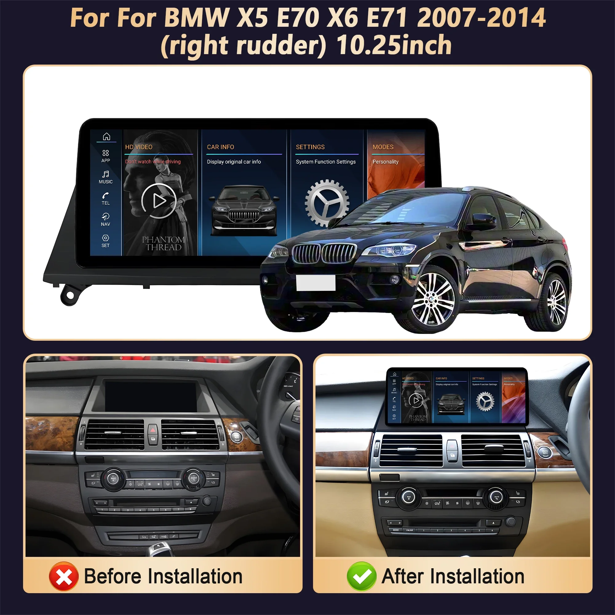 10.25'' Right Hand Drive For BMW X5 E70 X6 E71 2007-2014 Car Radio Multimedia Android 14 Screen Carplay Wireless Snapdragon 680